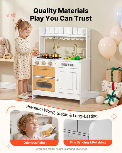 VEVOR Play Kitchen for Kids, Wooden Kids Kitchen Playset with Real Lights & Sounds, Food & Cookware Accessories, Pretend Play Toy Set, Sink, Oven, Stove, Cabinet, for Toddlers, Girls & Boys Ages 3-8