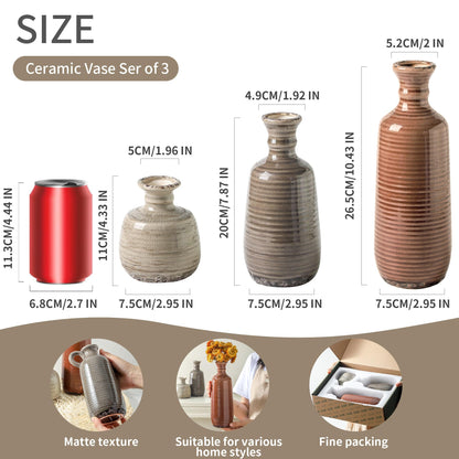 Ceramic Vases Set of 3, Neutral Rustic Farmhouse Vases Home Decor Decorative Flower Vase Modern Boho Pampass Vase for Table Mantel Entryway Shelf Living Room Kitchen Bathroom - Brown
