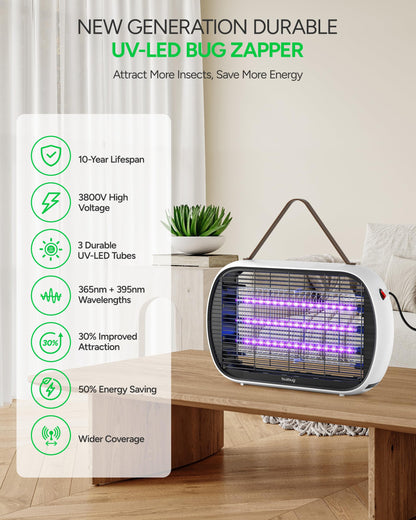 Buzbug Upgraded LED Bug Zapper Indoor, LED Bulbs Up to 50,000 Hours, 3 Lamps Sustainable Less Power, 3800V Powerful Electric Mosquito Zapper, Fly Trap Mosquito Trap, Fly Killer Fly Zapper