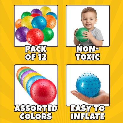 Bedwina Mini Knobby Balls - (Pack of 12) Bulk 5 Inch Sensory Balls and Spiky Massage Stress Balls with Pump, Fun Bouncy Ball Party Favors
