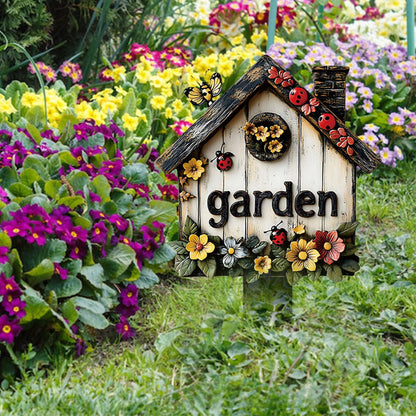 2 Pcs Flowers Garden Sign With Stake, 2D Flat Wooden Floral Ladybug Butterfly Welcome Sign, Personalized Sign Stakes for Pots Flower Bed Yard Lawn