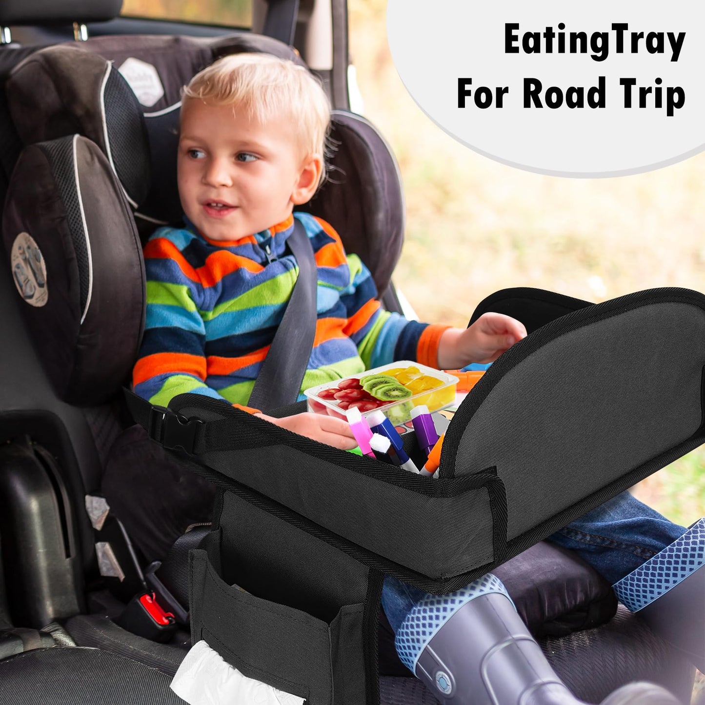 WENRENER Kids Travel Tray for Car Seat, Toddler Road Trip Essentials With Drawing Kit, Travel Activities Must Haves (Black)