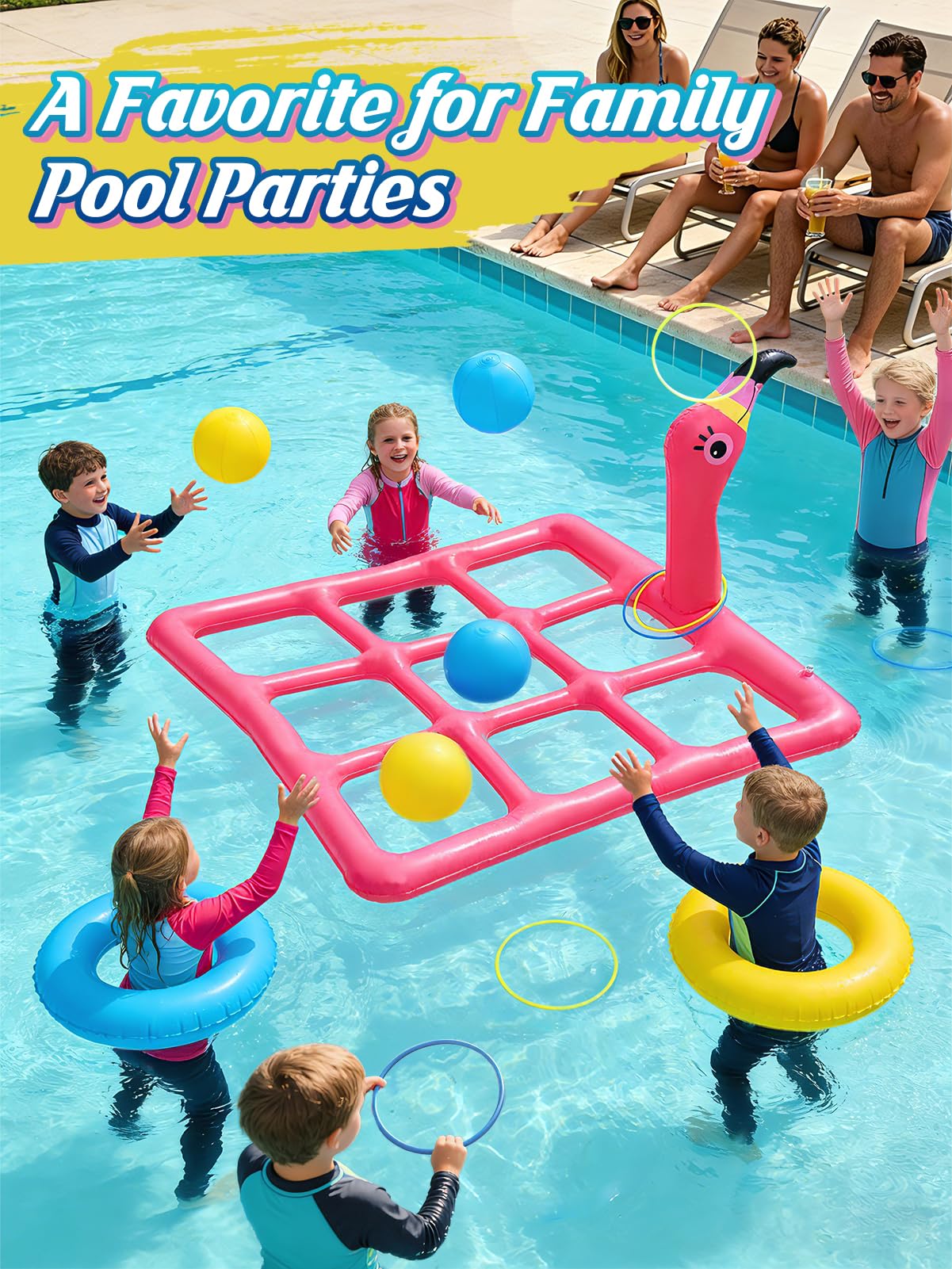 MADHOLLY 2 in 1 Pool Games Set for 2-10 Players - Inflatable Tic-Tac-Toe & Flamingo Ring Toss with 10 Balls & 6 Rings, Outdoor Summer Beach Yard Toys for Family, Adults, Kids