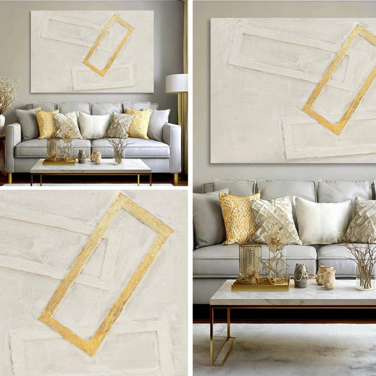 Dolidoteart White Gold Beige Canvas Wall Art, Hand Painted Oil Painting, Large Abstract Wall Art for Living Room, Modern Textured Horizontal Wall Decor for Bedroom Office, 32x48 Inch