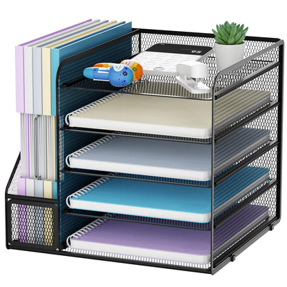 Marbrasse Desk Organizers and Accessories, 5-Tier Paper Letter Tray Organizer with File Holder, Mesh File Organizer, Office Desk Accessories & Organization for Supplies (Black)