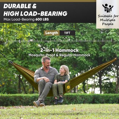 Camping Hammock with Mosquito Net, 600 lbs Portable Hammock with Tree Straps, 2-in-1 Double/Single Travel Hammock Tent for Outside/Indoor/Backpacking/Beach - Green & Khaki