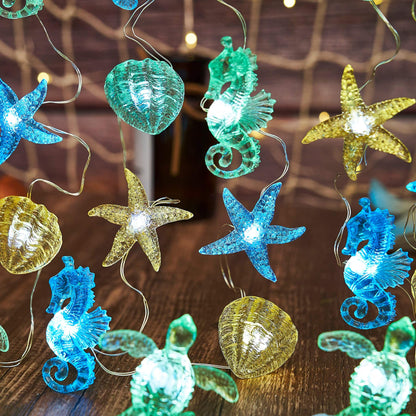 Belniak Nautical Theme Ocean Décor Beach Decorative String Lights Outdoor Seahorse Sea Turtle Starfish Shell Cute Marine Life Novelty Night Lights 30LED 10ft Battery Operated