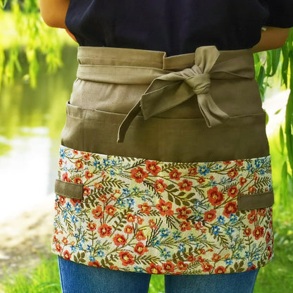 MILCIL Women's Floral Waist Apron, Gardening & Kitchen Apron, Half Cute, Peach Blossom, 8 Pockets, One Size Fits All