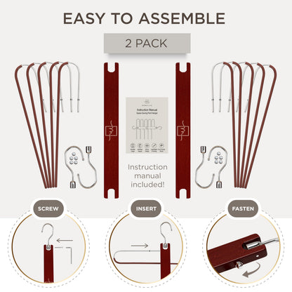 MORALVE Pants Hangers Space Saving - 2 Pack European Beechwood Scarf and Jean Hangers - Closet Organizer and Space Saver Pant Rack, Leggings Hanger, and Scarf Holder with 360° Swivel Hook