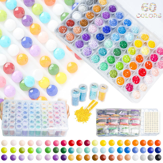 Acrylic Round Diamond Painting Beads, 60 Colors Diamond Painting Drills with Diamond Painting Storage Containers for Diamond Painting Kits for Diamond Painting Accessories Diamond Art Tools，90000PCs