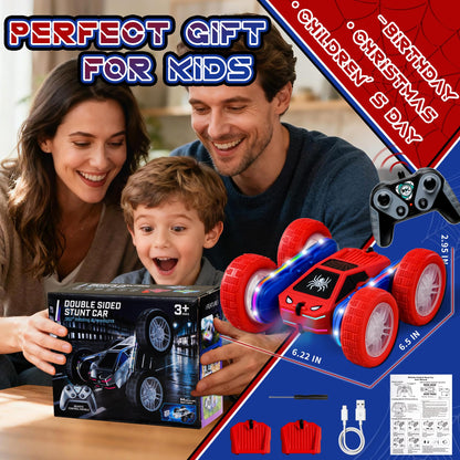 SANGQAOFU Spider Remote Control Car 4WD 360° Flips RC Stunt Car Toys Cyber-Inspired Double-Sided Drift Rc Cars with LED Lights 2 Rechargeable Charge Battery Modules Toys and Gift for Boys Age 3-12