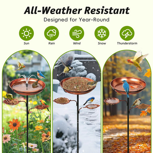 DRQ 35'' Metal Bird Bath for Outside, 12'' Dia × 2'' Deep Birdbath Bowl, Bird Feeder with 6.5'' 5-Pronged Base for Garden Decor, Patio, Yard, Lawn – Vintage Brown
