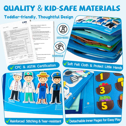 YunHe XinQiao Toys Factory My First Busy Book for Toddlers 3-5, Montessori Quiet Book with Life Skills Activities, Sensory Activity Book for Kids, Travel Toy for Airplane, (4 Career Roles)