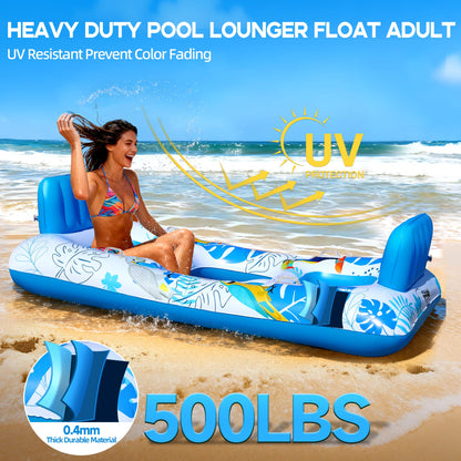 FluSing 2 Person Inflatable Pool Float Adult,87” x 44” Extra Large Inflatable Tanning Pool Lounger Float with Cup & Phone Holders,Pool Float Chair Heavy Duty,Sunbathing Pool Lounger Raft Pool Floaties
