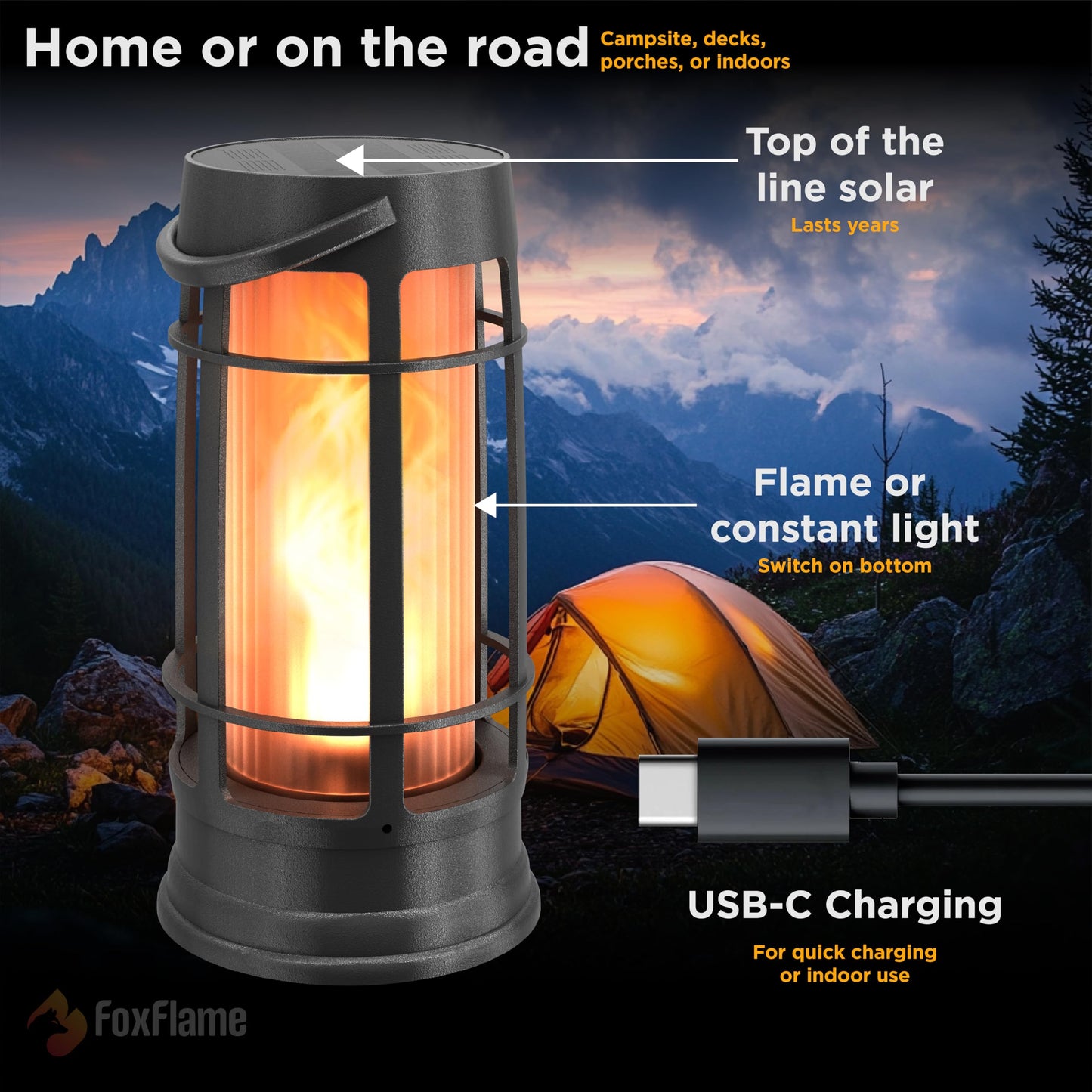 FoxFlame Metal Outdoor Solar Lantern, Flickering Solar Lanterns Outdoor Waterproof with Patented LED, Outdoor Lanterns for Porch, Patio, Garden, Tabletop, Hanging Use, Matte Black (1 Pack)