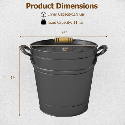 COSTWAY Ash Bucket with Lid Set of 2, 2.9 Gallon Metal Coal Ash Can w/Wooden Lid, Side Grips, Indoor & Outdoor Fireplace Ash Tool Cleaning Bucket for Fireplace Fire Pits Wood Burning Stoves, Black