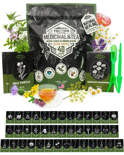 Tactiko Survival 40 Medicinal & Tea Herb Seeds Variety Pack, Indoor & Outdoor Herbal Garden Kit, USA Grown Heirloom Non-GMO, Herbal Seeds for Teas, Resealable Mylar Bag for Long-Term Storage