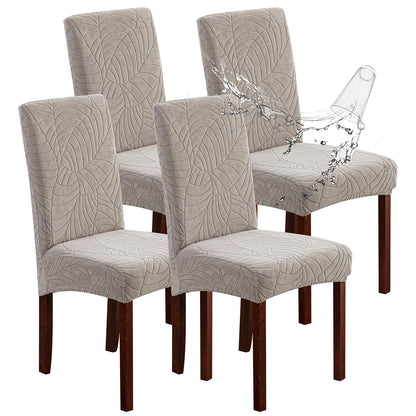 Genina 100% Waterproof Chair Covers for Dining Room Set of 4, Stretch Parson Chair Slipcovers for Kitchen Chairs, Washable Chair Protectors, Leaves-Warm Gray