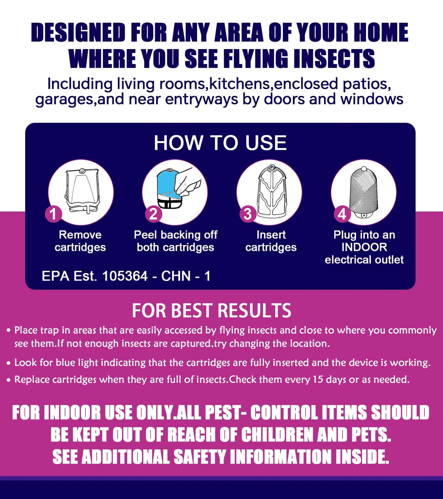 Flying Insect Trap (1 Stater & 3 Refill Cartridges), UV Light Indoor Bug Catcher for Gnats, Fruit Flies, Mosquitoes, and Moths, Plug-in Fly Trap for Home, Kitchen, Living Room