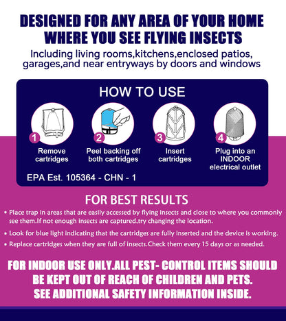 Flying Insect Trap (1 Stater & 3 Refill Cartridges), UV Light Indoor Bug Catcher for Gnats, Fruit Flies, Mosquitoes, and Moths, Plug-in Fly Trap for Home, Kitchen, Living Room
