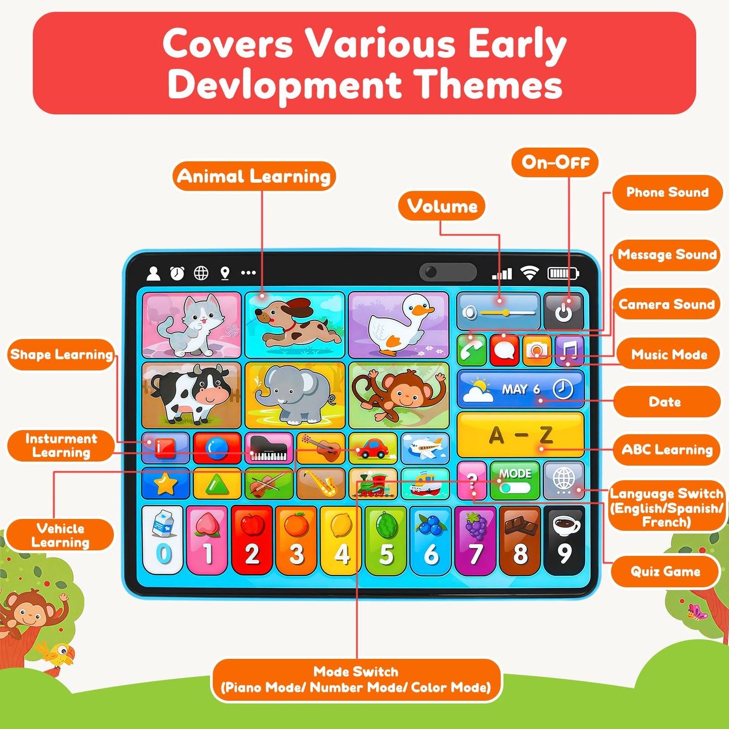 Peacurh Trilingual Learning Toy Tablet with Music & Sound, Montessori Speech Musical Therapy Toys, Gifts for Boy, Girl, Baby, Toddler, for Age 1, 2, 3 Year Old (12-18 Months)