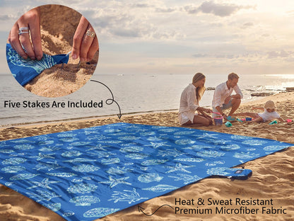WEKAPO Beach Blanket Waterproof Sandproof Oversized, Extra Large Beach Mat Sand Free, Lightweight & Compact Sand Free Mat with 6 Stakes & 4 Corner Pockets (Blue Sea Shells, 8 x 7 FT (1～4 Person))