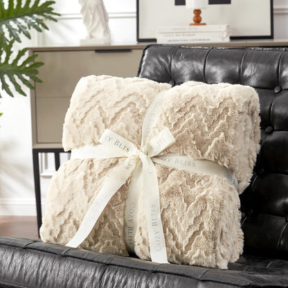 Cozy Bliss Faux Fur Textured Throw Blanket for Bed Super Soft Fuzzy Couch Blanket Gift for Women Premium 3D Ribbed Jacquard All Season Use Khaki Beige Zigzag 60"*80"