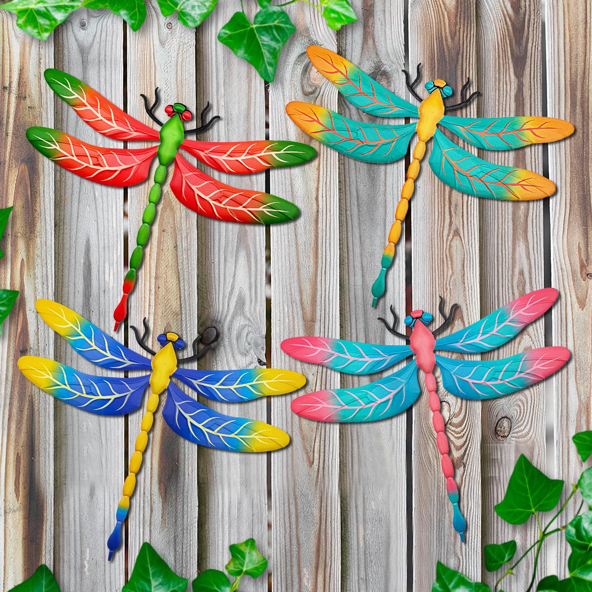 Metal Dragonfly Wall Decor, 4 Pack 13 inch Metal Dragonflies Wall Hanging Sculpture Decorations for Outdoor, Yard Patio Fence Garden Outside Exterior Decor