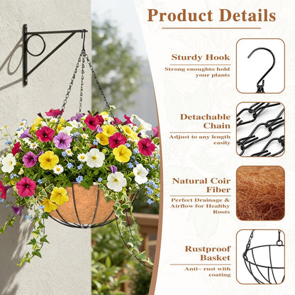 4 Pack Hanging Planter for Outdoor Plants 16 inch Metal Hanging Flower Basket with Coco Coir Liner Round Wire Plant Holder Chain Flower Pots Outdoor Garden Decoration Watering Hanging Baskets(XG)