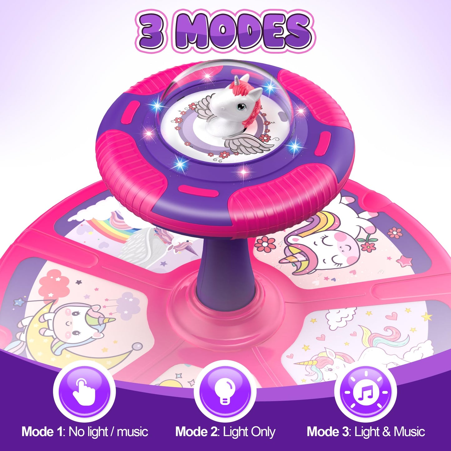 Flooyes Unicorn Sit and Spin Toys for Toddlers Girls 2 Years Old, Christmas Birthday Gifts for 1 2 3 4, with LED and Music, 360° Spin