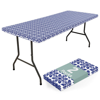 misaya 2 Pack 6 Foot Rectangle Picnic Tablecloth, Elastic Fitted Waterproof Table Cover, Windproof Washable Polyester Table Cloth for Camping, Indoor and Outdoor (Navy, 30" x 72")