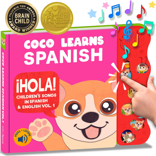 Coco Learns Spanish Vol. 1 - Book for Toddlers 1-3 — Musical Books for Kids, Interactive Baby Sound Book, Educational Song Learning Toys, Bilingual Music Toy for Babies, Libros para ninos en Espanol