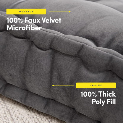 Sweet Home Collection Floor Pillow Large Square Tufted Decorative Cushion. Faux Velvet Fabric Ultra Thick Fill for Kids and Adults, Gray (Pack of 1)