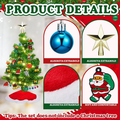 Syhood 63 Pcs Mini Christmas Tree Ornaments Set Decoration Gadget Small Skirt Star Topper Miniature Hanging Ornament with Light for Holiday Xmas