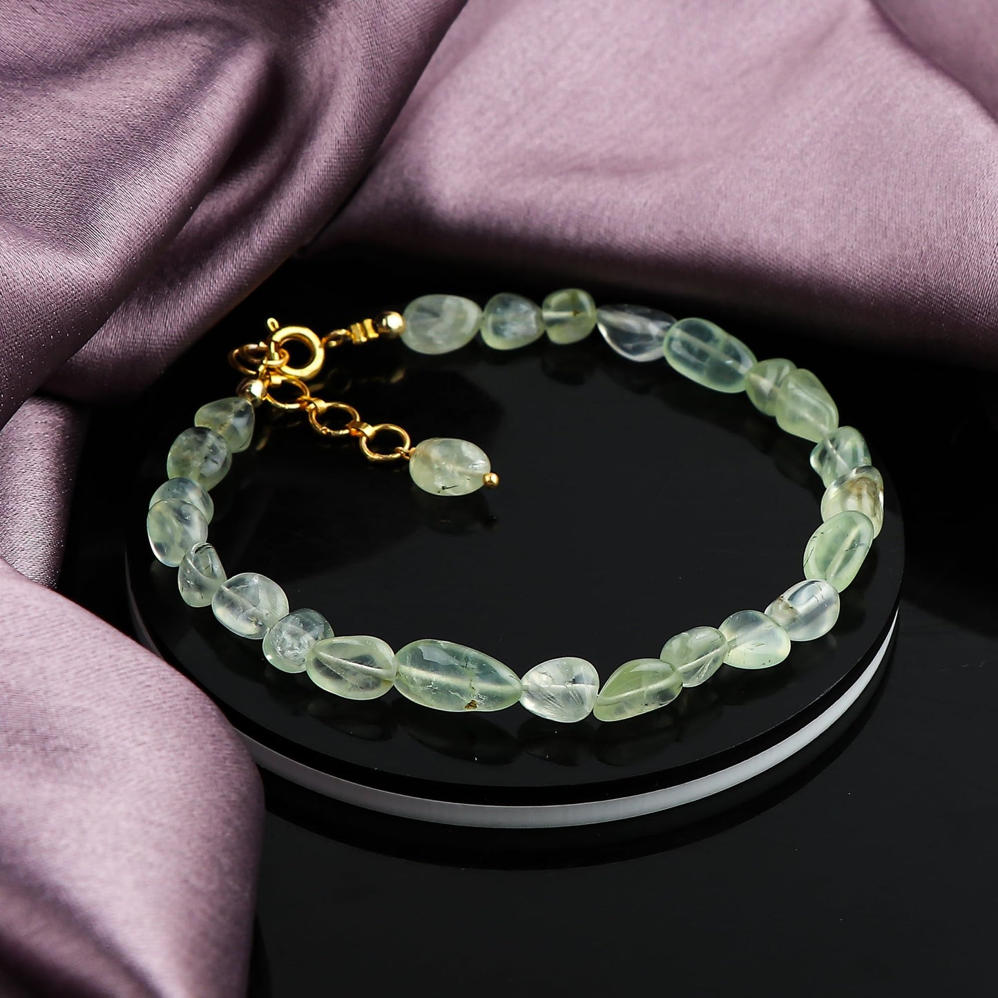 GemSymphony Prehnite Light Gemstone Tumble Bracelet – Hypoallergenic Gold Plated Chain, 7+1 Inch Adjustable, Spring Ring Clasp, Handmade Crystal Bracelet for Women, Natural Stone Healing Jewelry (Prehnite Light)