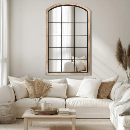 IPOUF Arch Window Mirror, 30X48 Farmhouse Arch Wall Mirror, Wood Framed Rustic Mirror Metal Inner Frame Decorative for Entryway & Living Room,Natural