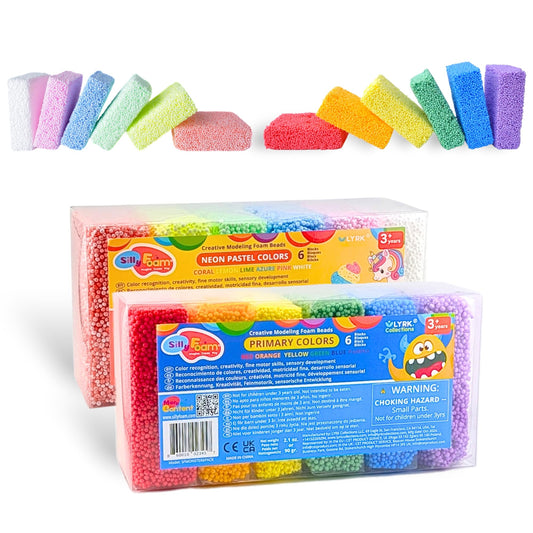 Silly Foam, Creative Modeling Foam Beads, 2-Pack of 6 Primary + 6 Neon Pastel Blocks, No-Slime No-Mess, Perfect for Preschool, Kids, Arts & Crafts, Sensory Play, STEM, Travel Toy, Non-Toxic (Age 3+)
