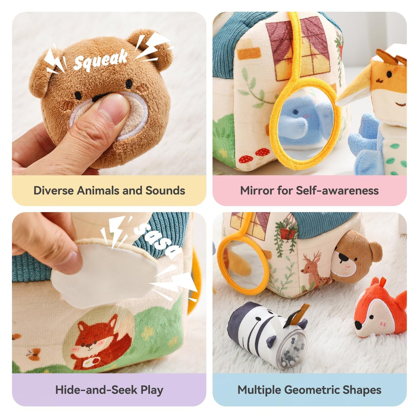 Youuys Travel Sensory Toys for Babies 6-12 Months & Toddlers 1-3 Year Old On-The-Go Montessori Soft Stuffed Animal Set with Crinkle, Rattle, Safe Mirror Educational for Kids Boy Girl