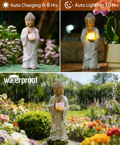 Nacome Solar Buddha Garden Statue Decor: Resin Zen Decor Waterproof Sitting Figurine with Lotus Flower Light Design for Outside Patio Lawn Yard Balcony - 11 inches(White)