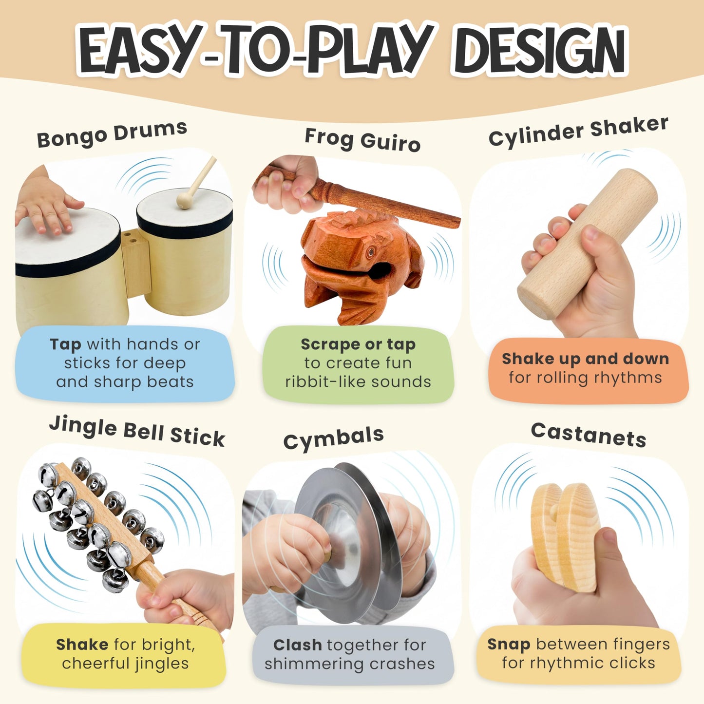 Toddler Drum Set & Musical Instruments for Toddlers – Montessori Wooden Percussion Instrument Set with Bongo Drum, Jingle Bells, Cymbals, Castanet & Guiro | Ages 3+