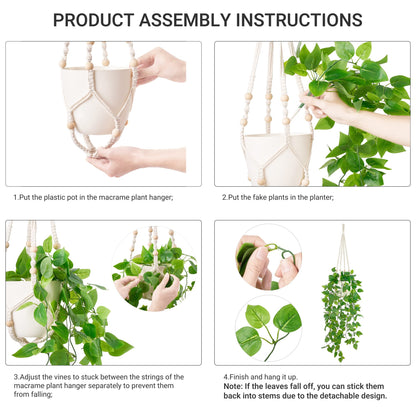 Mkono Fake Hanging Plant with Pot, Artificial Plants for Home Decor Indoor Macrame Plant Hanger with Fake Vines Greenery for Bedroom Bathroom Kitchen Office Decor, Ivory (Pothos)