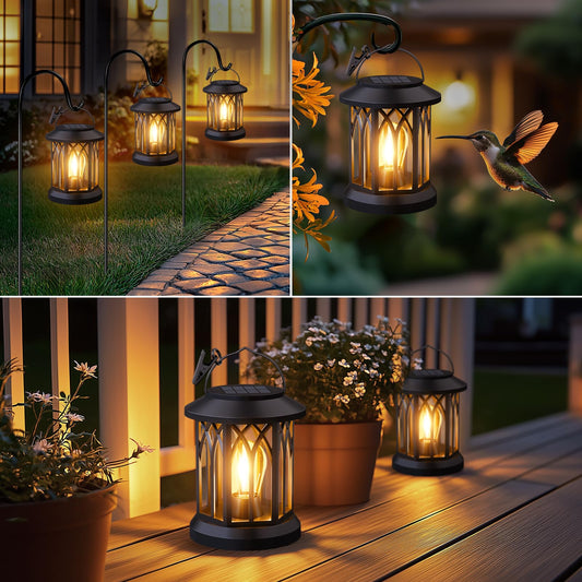 Hanging Solar Lanterns Outdoor Waterproof - 2 Pack Lanterns Decorative Outdoor Patio Decor with Clip Solar Lantern for Outside - Outdoor Lanterns for Patio Garden Waterproof Gifts for Women Mom Family
