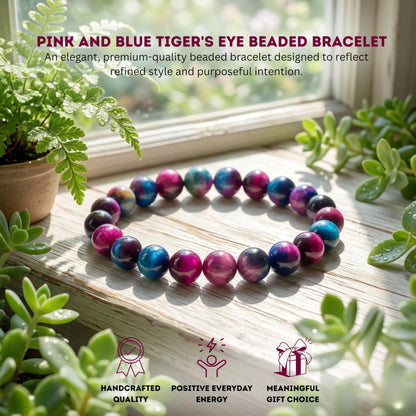 Cherry Tree Collection Pink and Blue Tiger's Eye Beaded Bracelet – Genuine 8mm Gemstone Stretch Bracelet for Men & Women – Handmade Crystal Bracelet - (Pink and Blue Tiger's Eye - M)