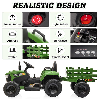 TOBBI Kids Electric Ride On Toy Tractor, Toddlers 12V Battery-Powered Car to Drive, 35W Dual Motor 6-Wheels Trailer Vehicle with 3-Speeds/LED & Horn Functions for Chirdren Aged 3-6-Dark Green