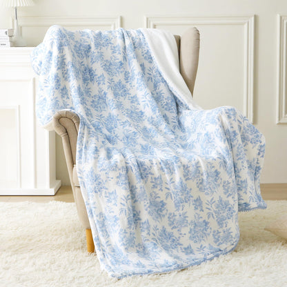Viviland Fleece Throw Blanket Reversible Muslin Blankets, Soft Throw Blanket for Couch and Bed, Breathable Quilt Bedspread, Gauze Bedding for Adults, Large 50x70 inch, Blue Nerrah