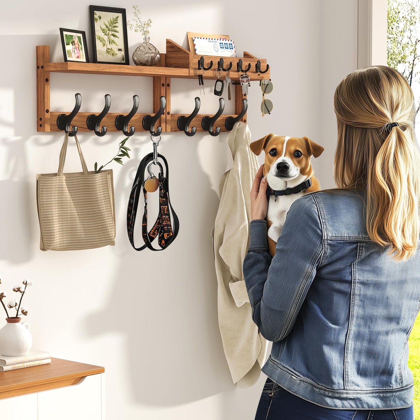 Evermagin 29" Coat Rack Wall Mount with Shelf, 4 in 1 Wall Mounted Coat and Key Hanger with 11 Hooks, Entryway Key Holder with Mail Holder for Living Room, Bedroom
