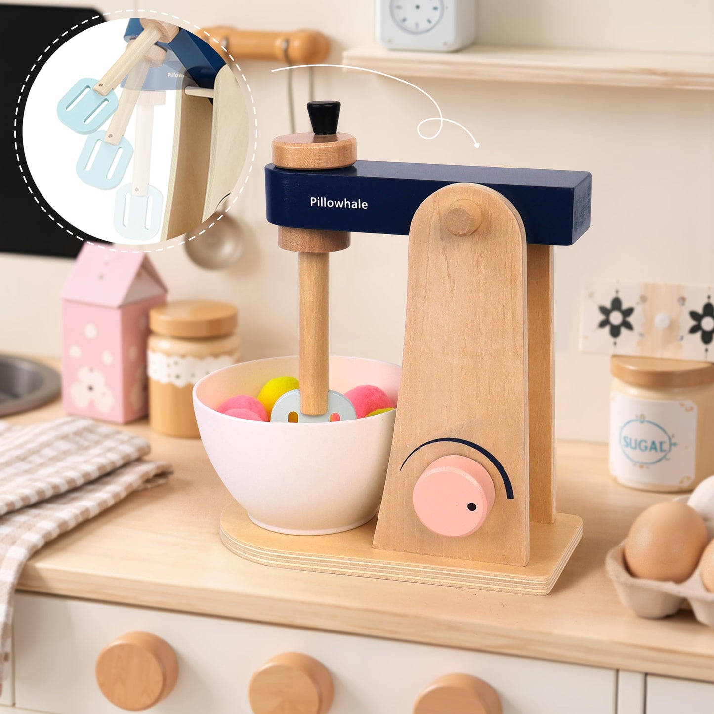 Pillowhale Wooden Kitchen Toys Mixer for Toddlers Age 3+ - 21pcs Montessori Pretend Play Baking Set with Bowl & Rolling Pin, Toy Kitchen Accessories Gift for Girls Boys