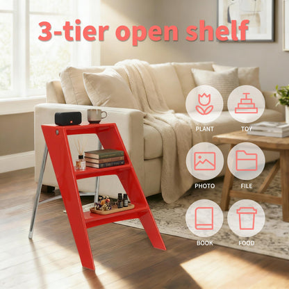 HOTEAGLE Modern Folding Chair - Multifunctional Design Doubles as Step Stool & Storage Shelf, Sturdy Engineering Plastic for Kitchen, Dining & Bistro,Red