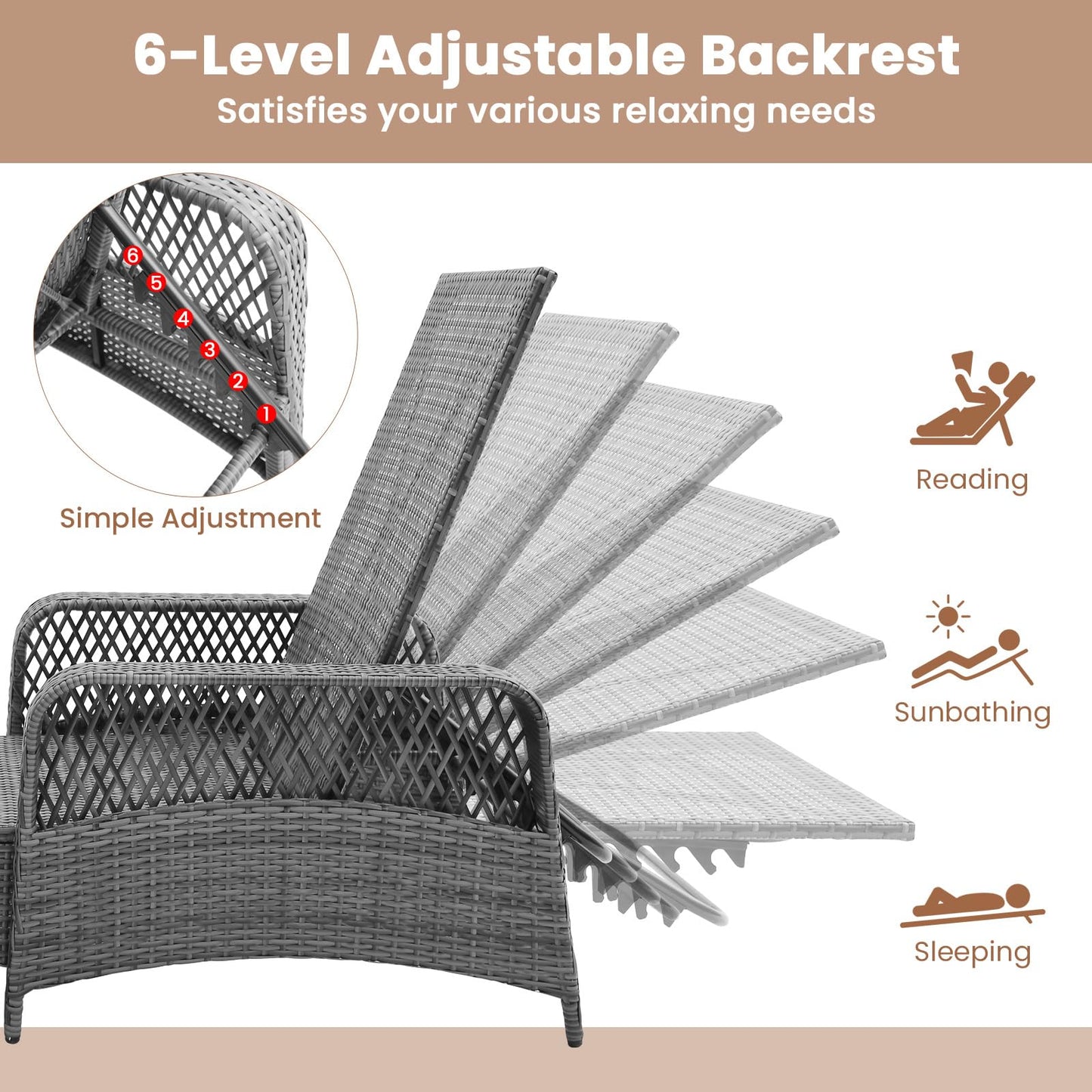 COSTWAY PE Rattan Chaise Lounge Chair, 6 Gear Adjustable Recliner with Armrest & Pillow, Wicker Outdoor Furniture for Deck, Patio (1, Gray)