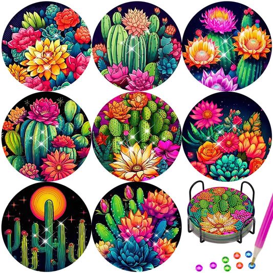 TDOOW Diamond Art Painting Coasters 8 Pcs Colorful Cacti Diamond Art Coasters Kit DIY Arts and Crafts for Adults Beginners with Cork Pads & Metal Holder